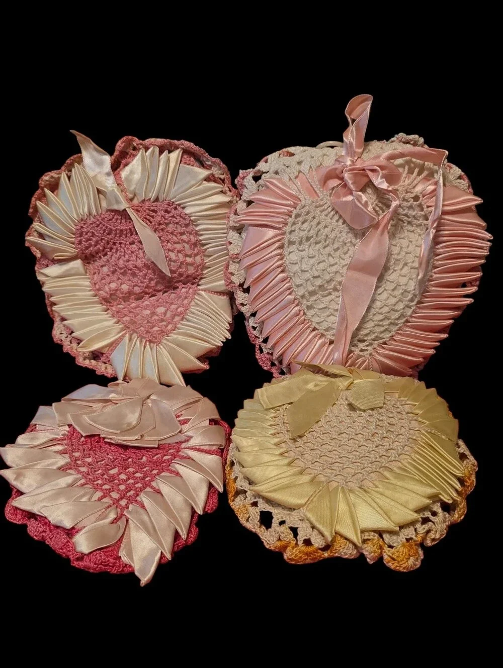 Vintage | Handmade Vintage Heart-Shaped Decorative Doilies - Pink, Cream, Yellow